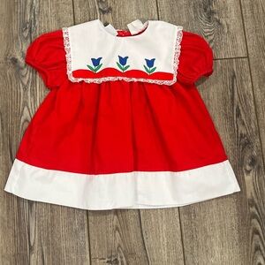 Vintage Girls Adorable Red Dress with Blue Tulip Details (paper tag)